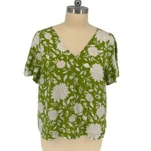 Ava & Viv Blouse Green White Floral Linen Blend Short Sleeve 1X